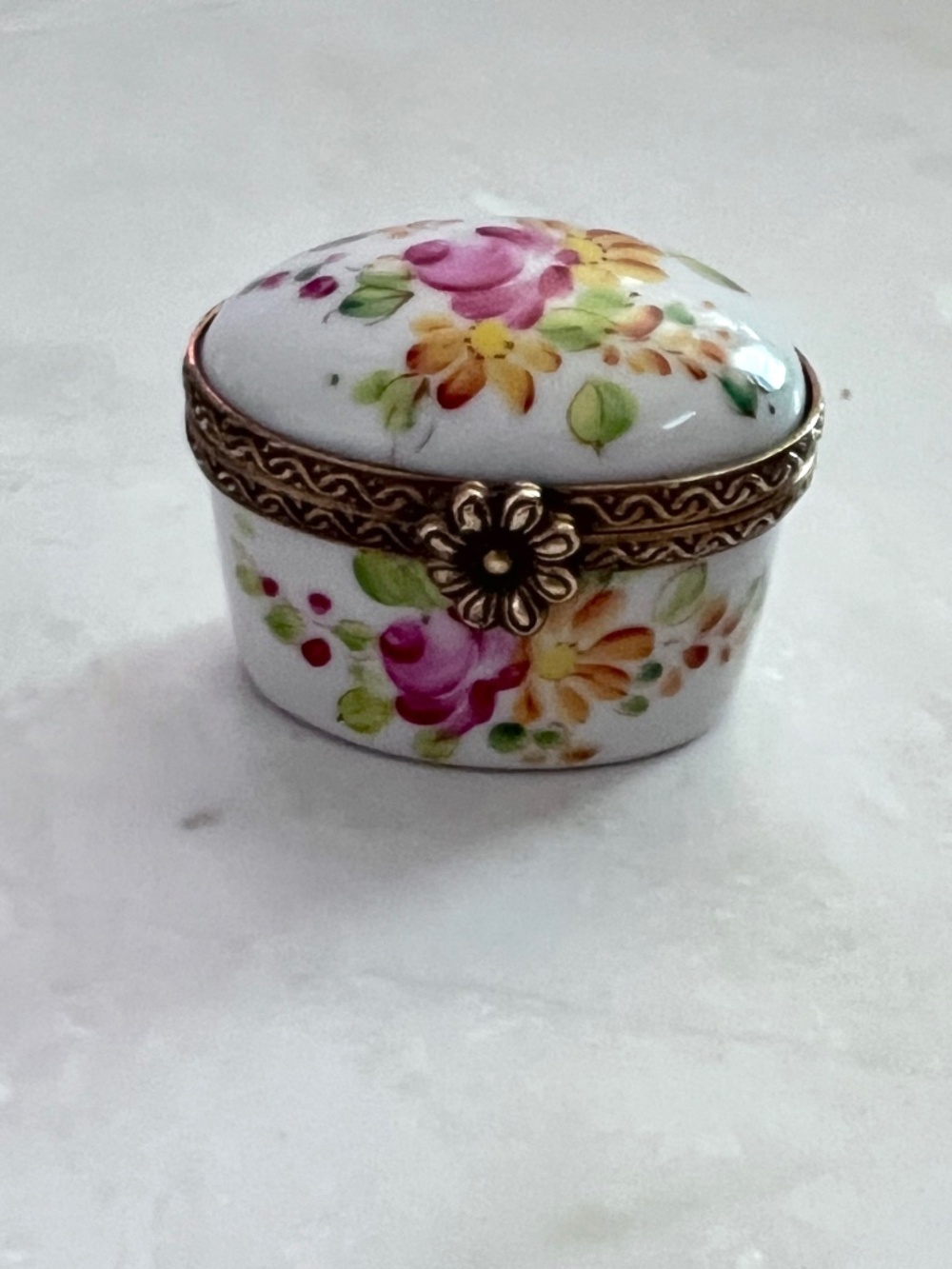 Vintage Limoges France Rare Mini Oval Trinket Box Hand Painted Floral Peint Main